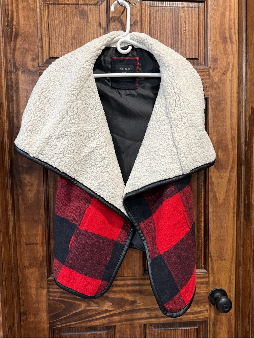 Love Tree Red & Black Buffalo Plaid Sherpa Wrap Jacket
